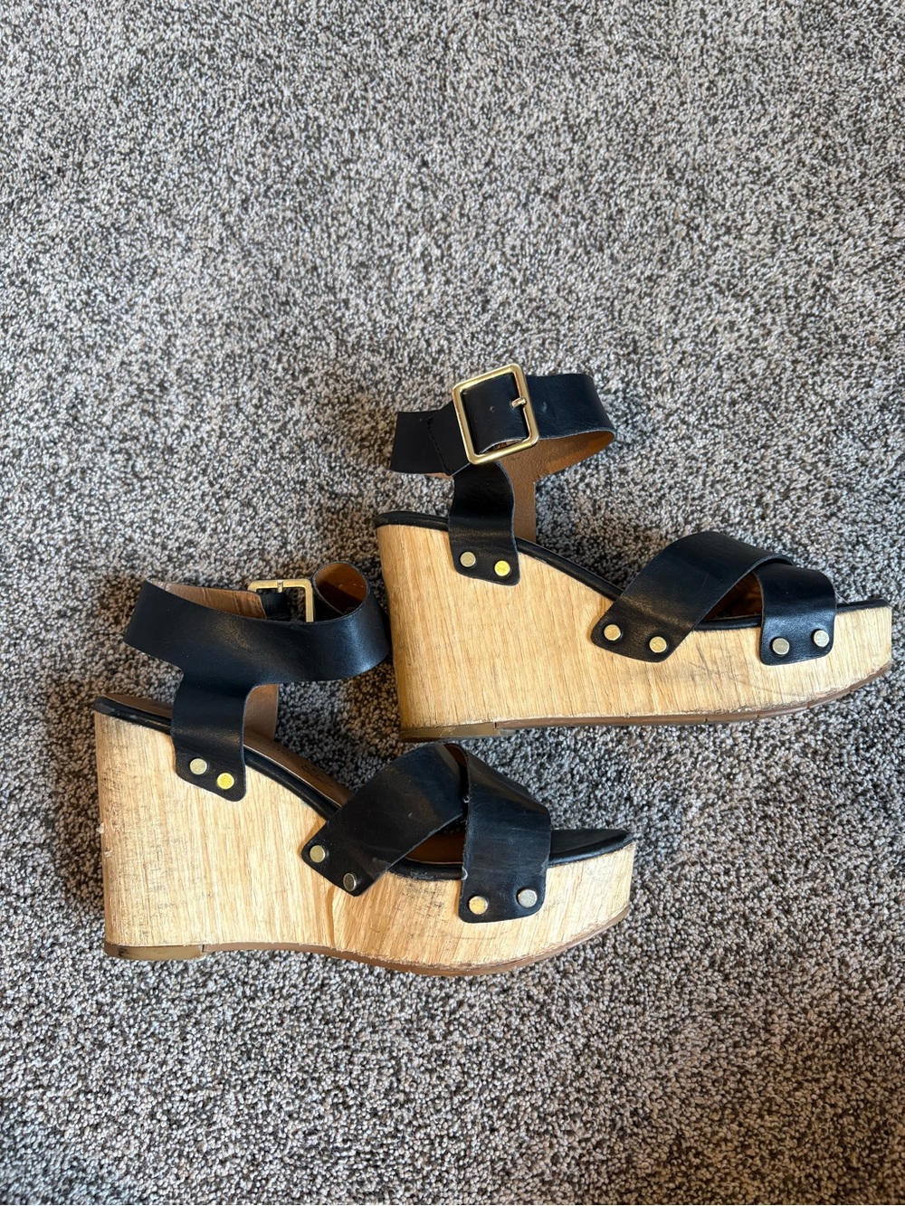 BC Footwear Black Leather Crisscross Wedge Sandals with Wood-Look Platform
